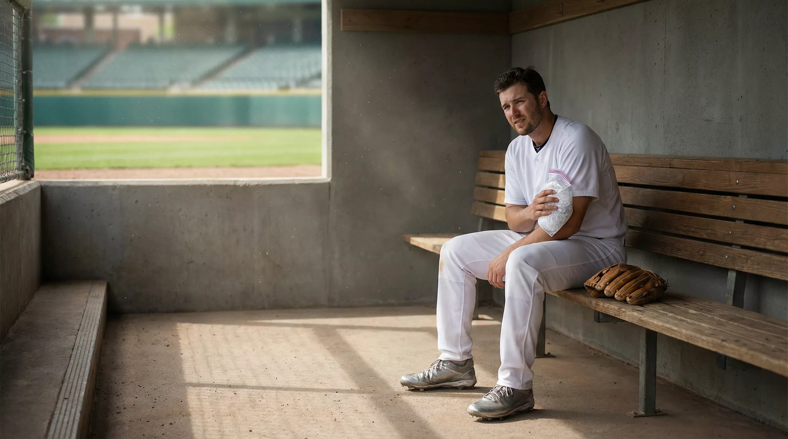 Joueur de baseball assis dans le dugout avec une poche de glace sur le bras