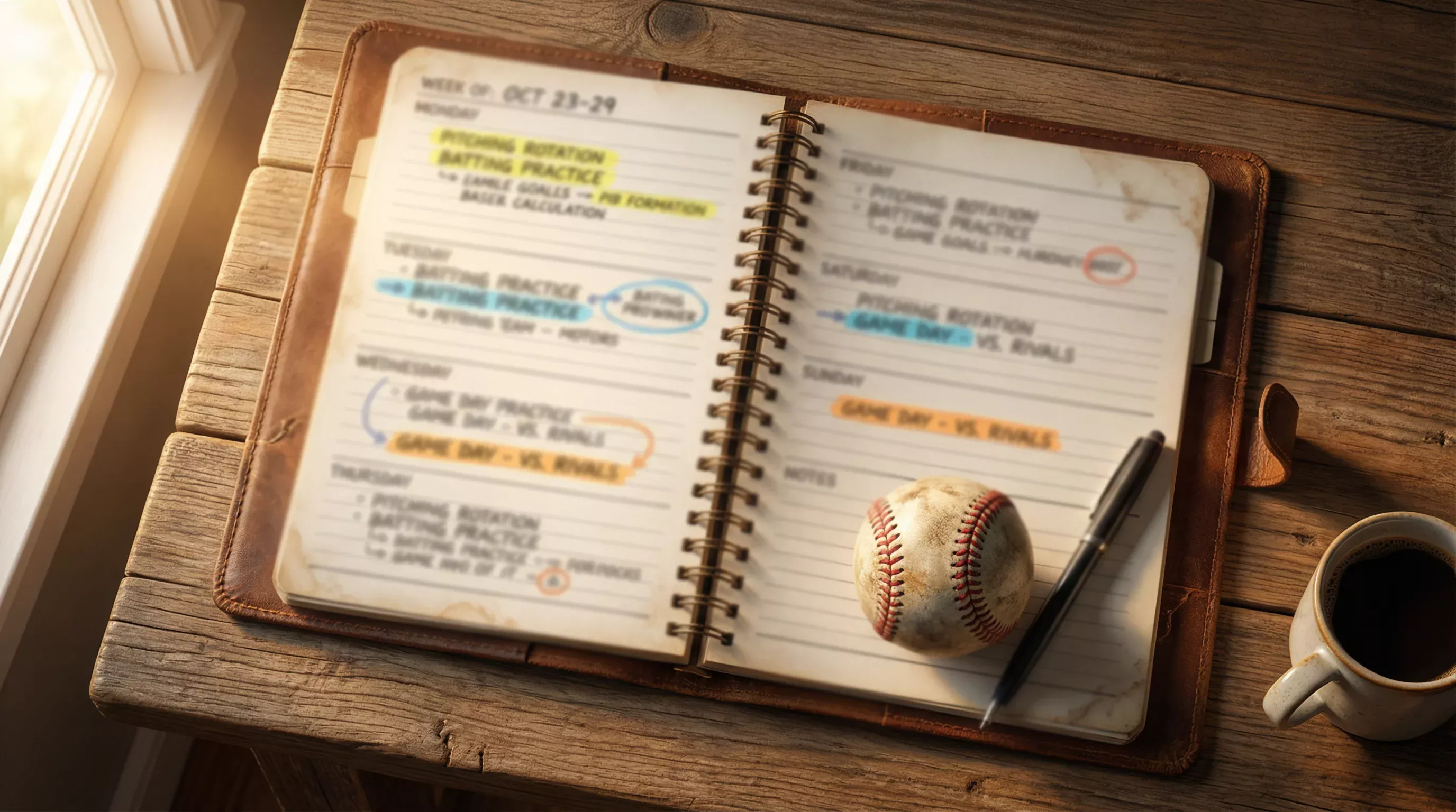 Planning hebdomadaire ouvert sur un bureau avec un programme de matchs MLB