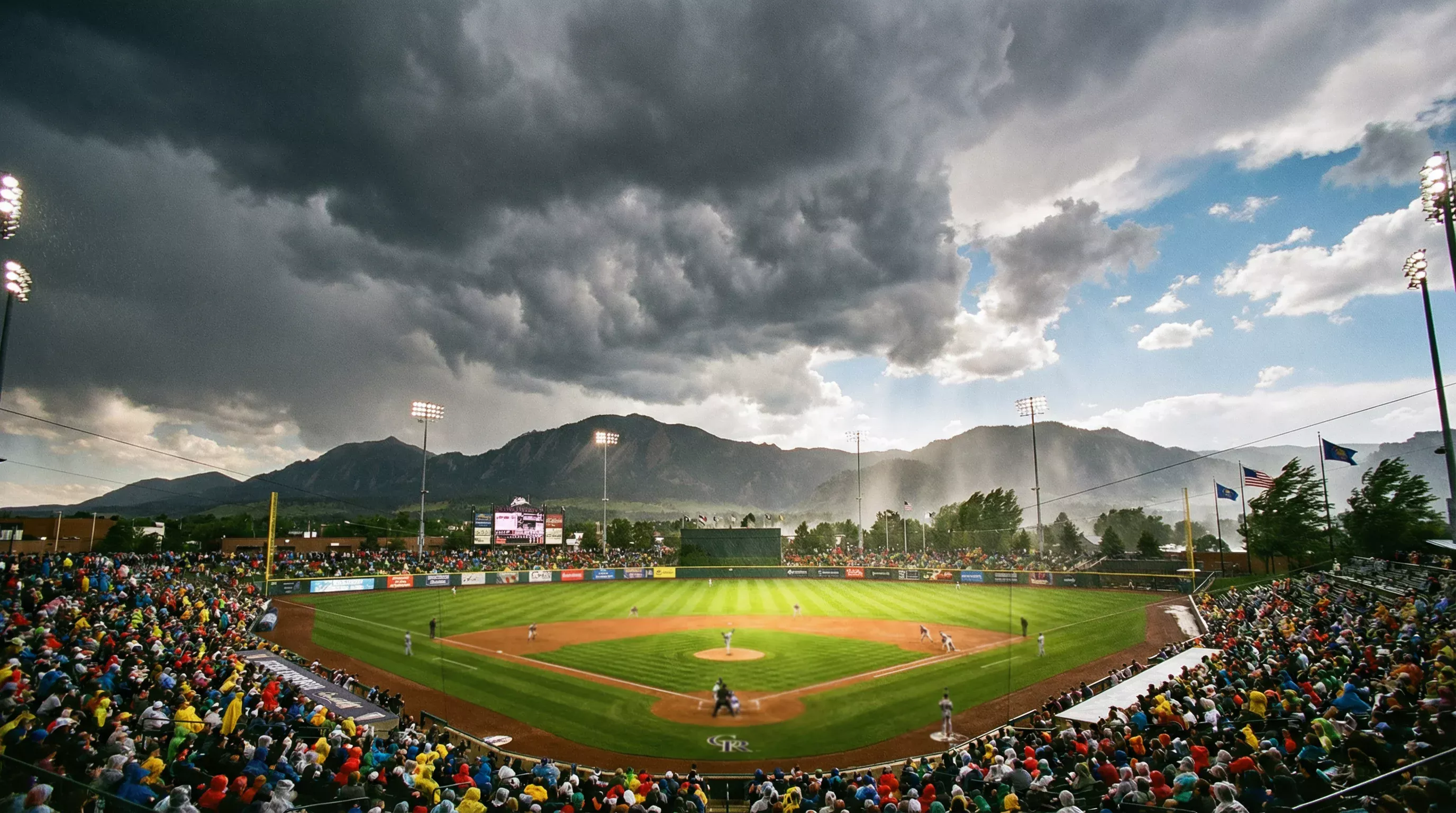 Stade de baseball en plein air avec conditions meteorologiques visibles