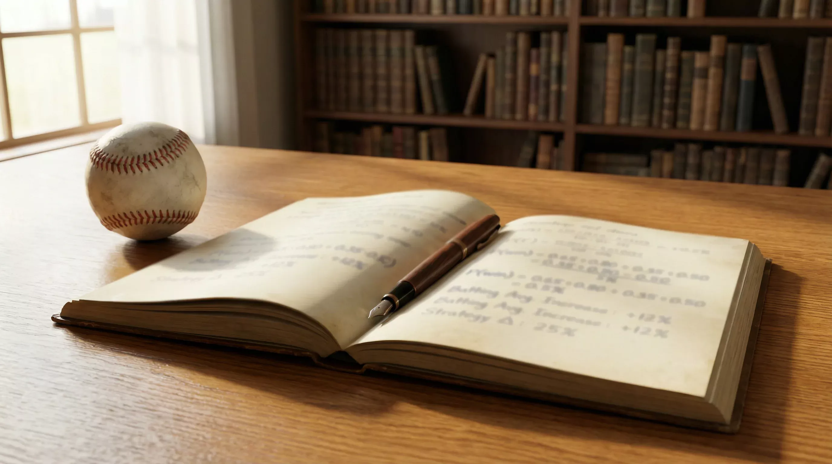 Carnet ouvert avec des formules de calcul de mises posé à côté d'une balle de baseball