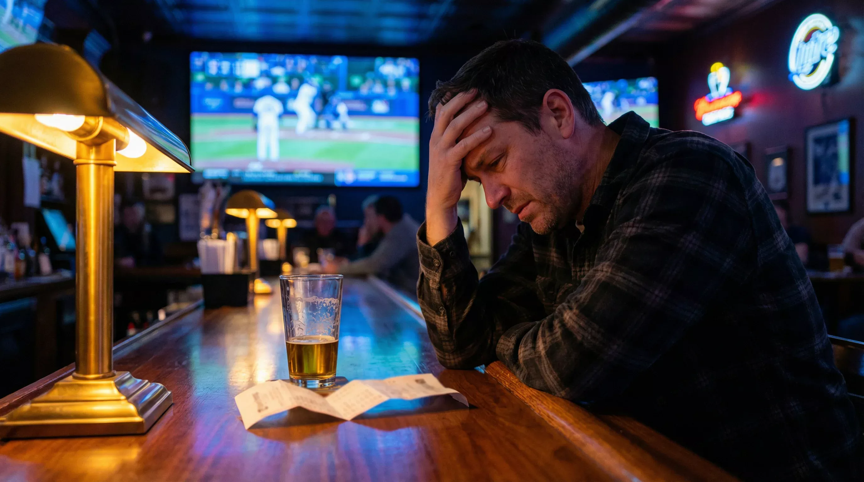 Parieur frustré devant un écran affichant un match de baseball perdu