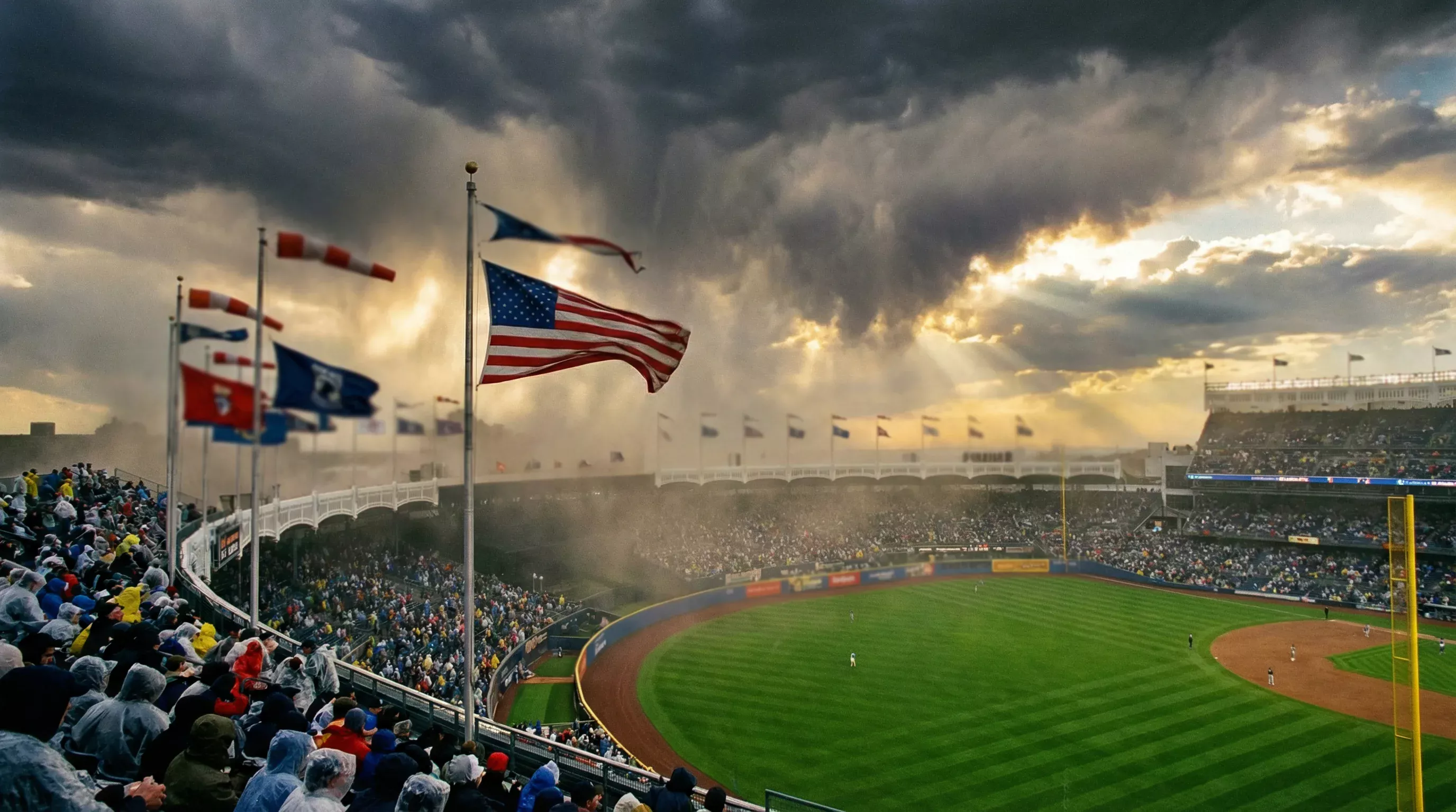 Drapeaux soufflant dans le vent au-dessus d'un stade de baseball
