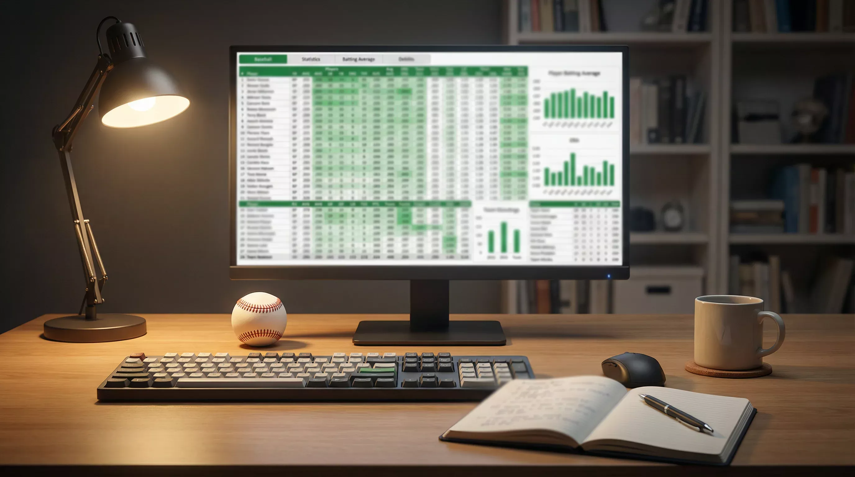 Bureau d'analyste avec un ordinateur affichant des statistiques de baseball et un carnet de notes