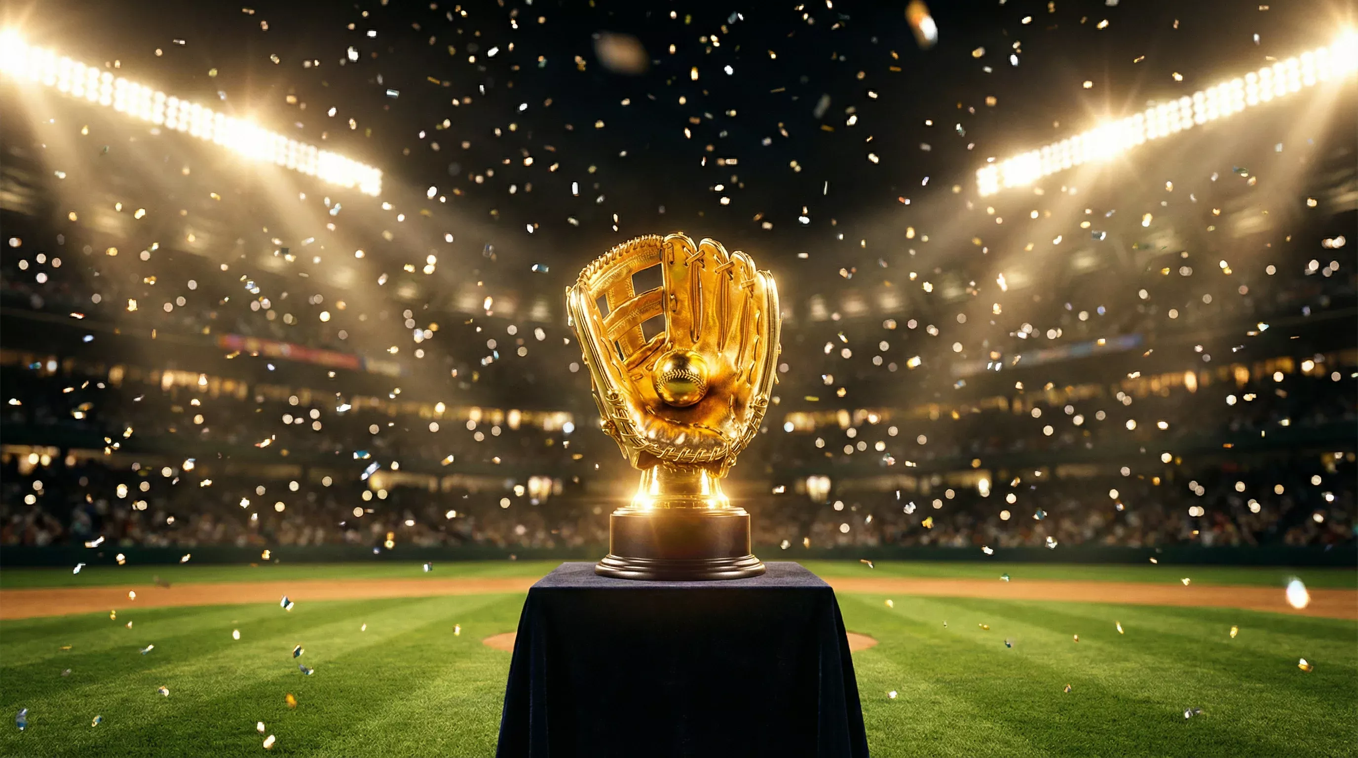Trophée des World Series de baseball éclairé sous les projecteurs du stade