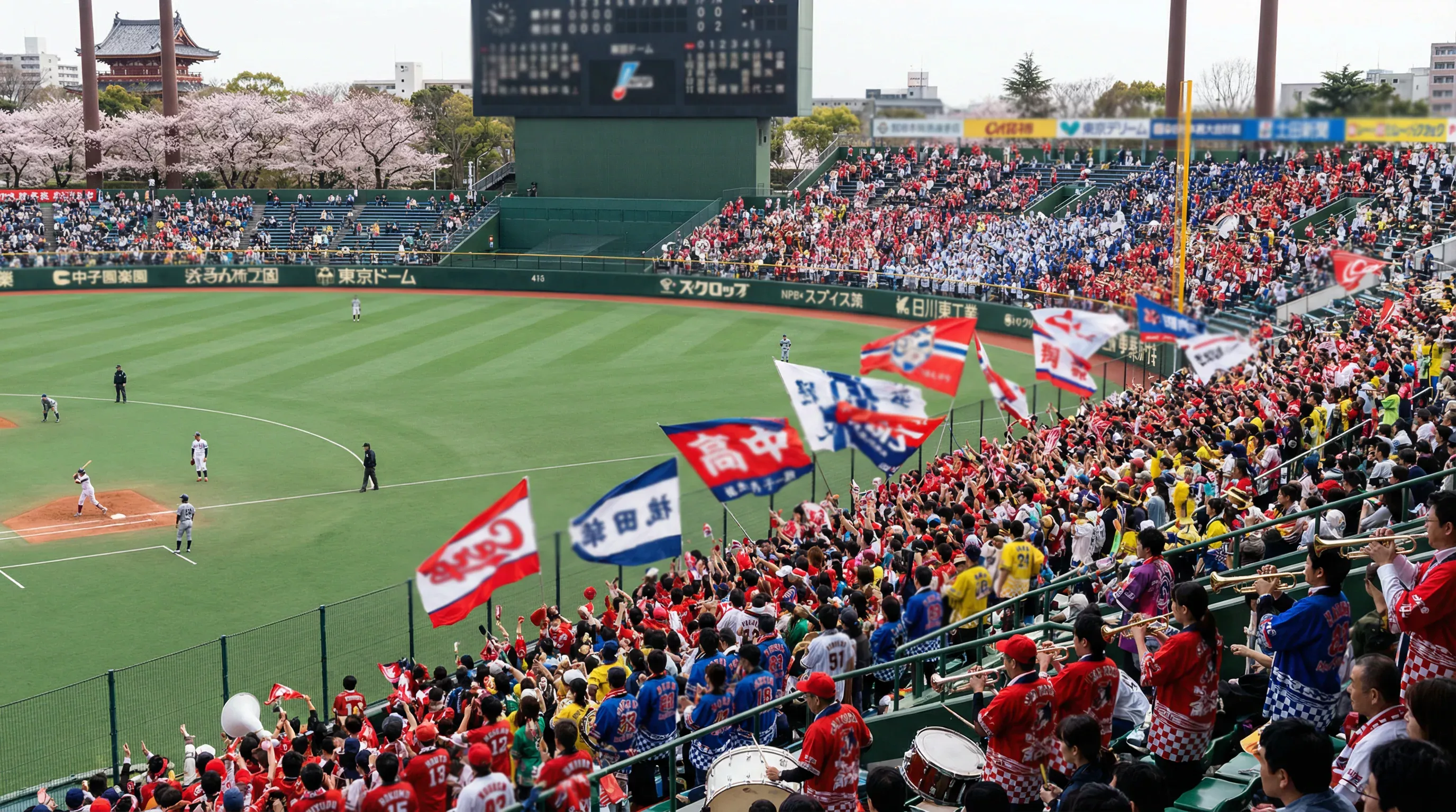 Stade de baseball japonais rempli de spectateurs avec banderoles