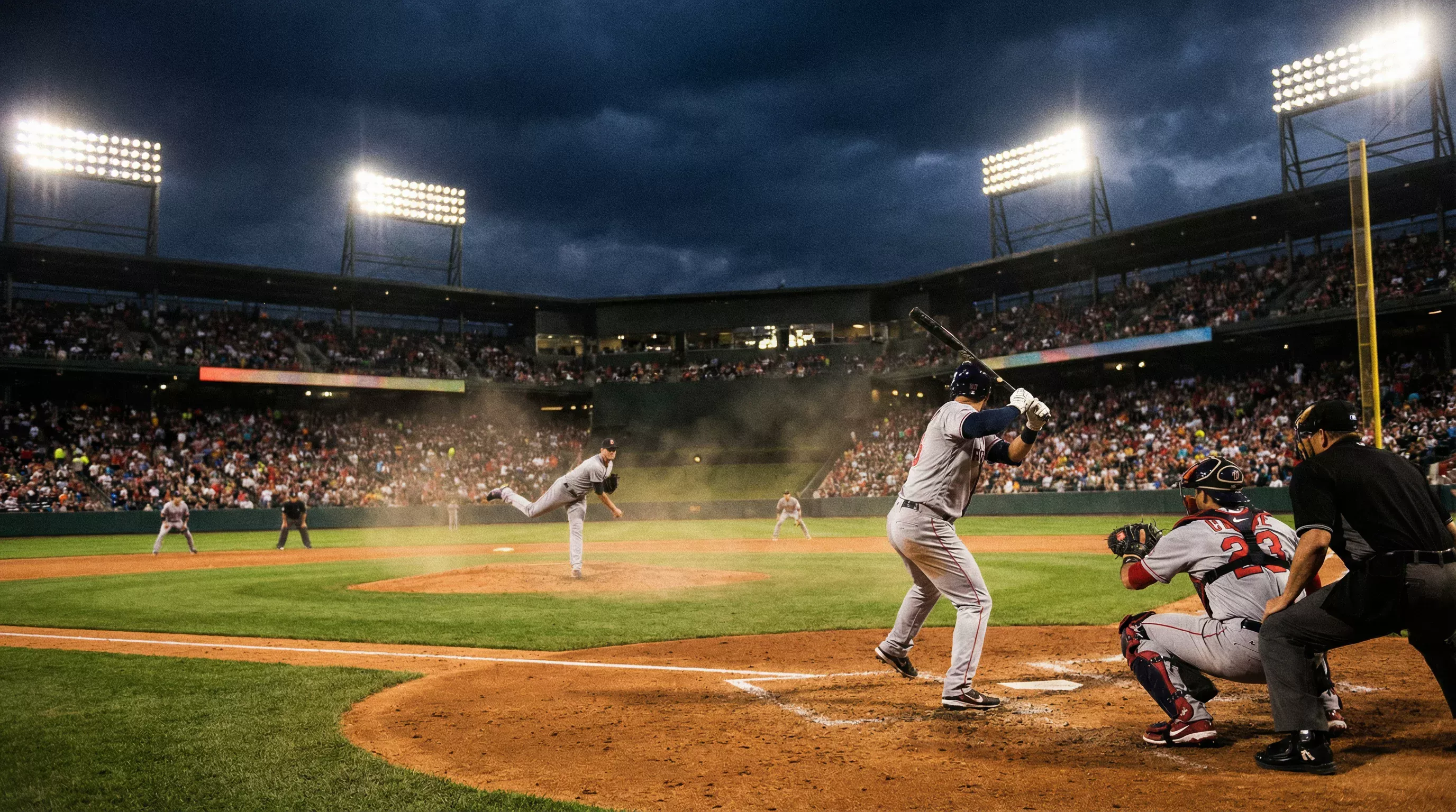 Stade de baseball illuminé pendant un match en soirée