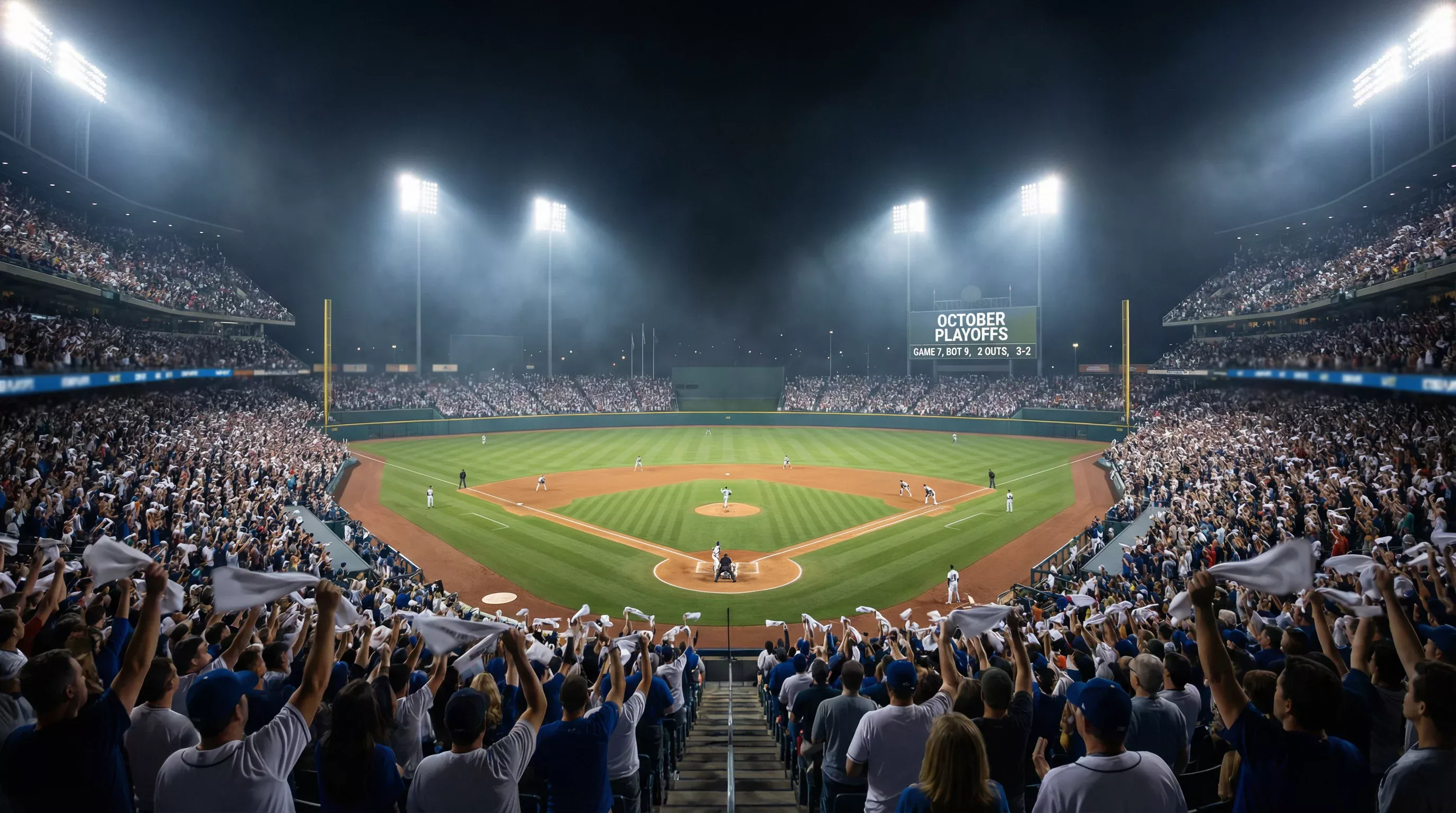 Stade de baseball bondé pendant un match de playoffs en soirée