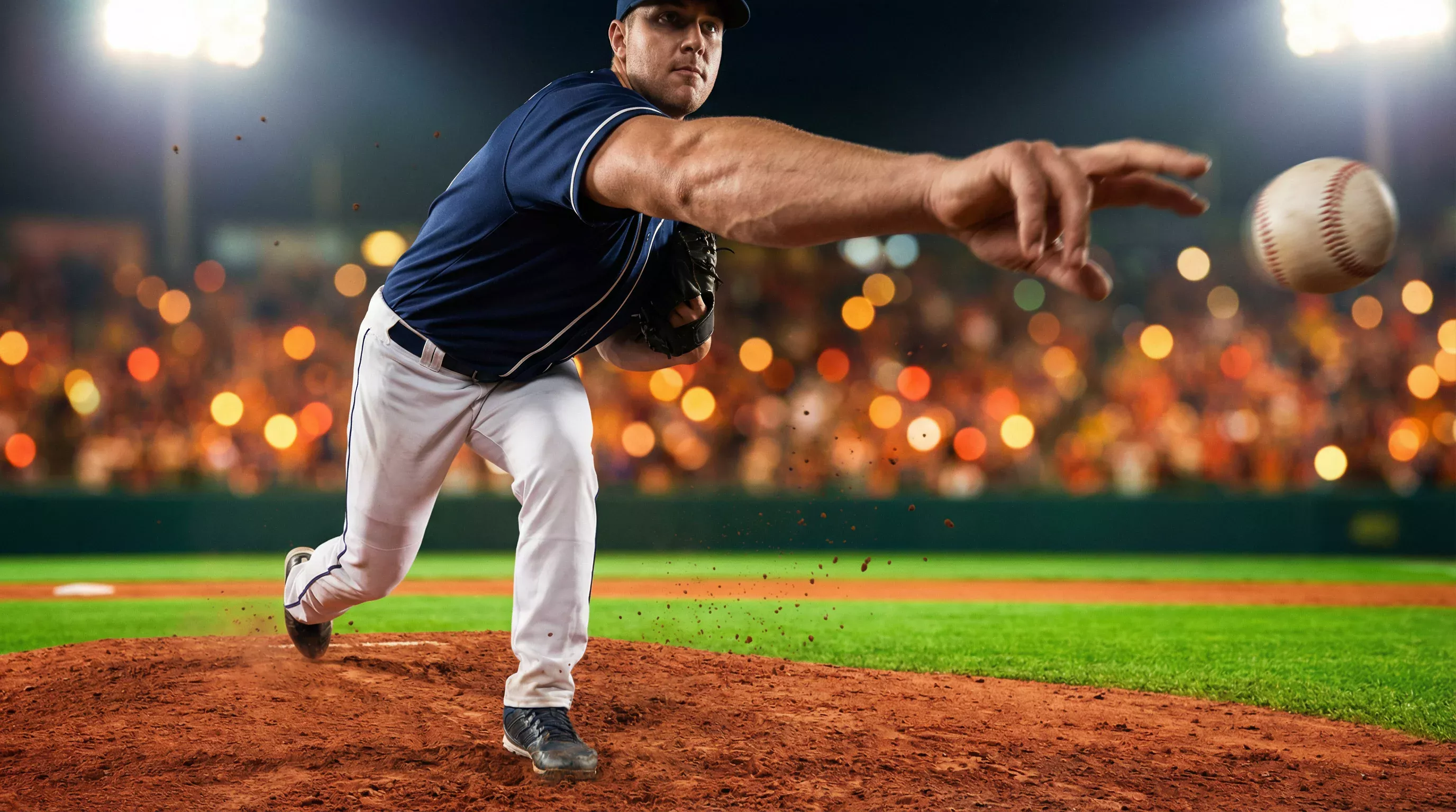 Lanceur de baseball en plein mouvement de lancer sur le monticule du stade