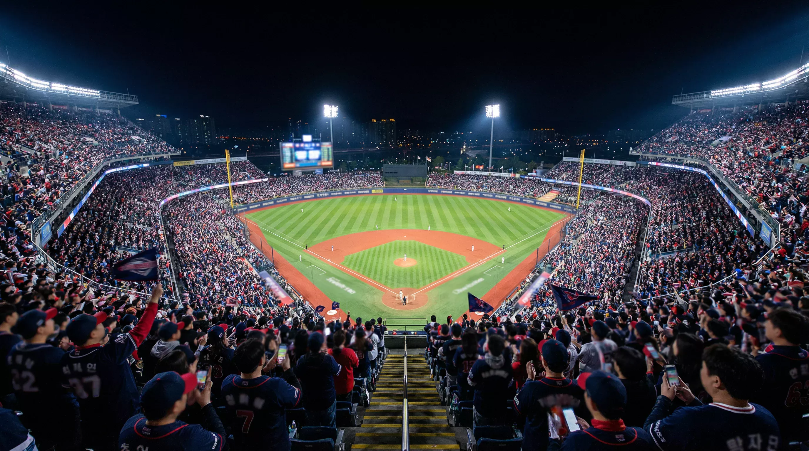 Stade de baseball vu depuis les tribunes avec le public encourageant l'équipe à domicile