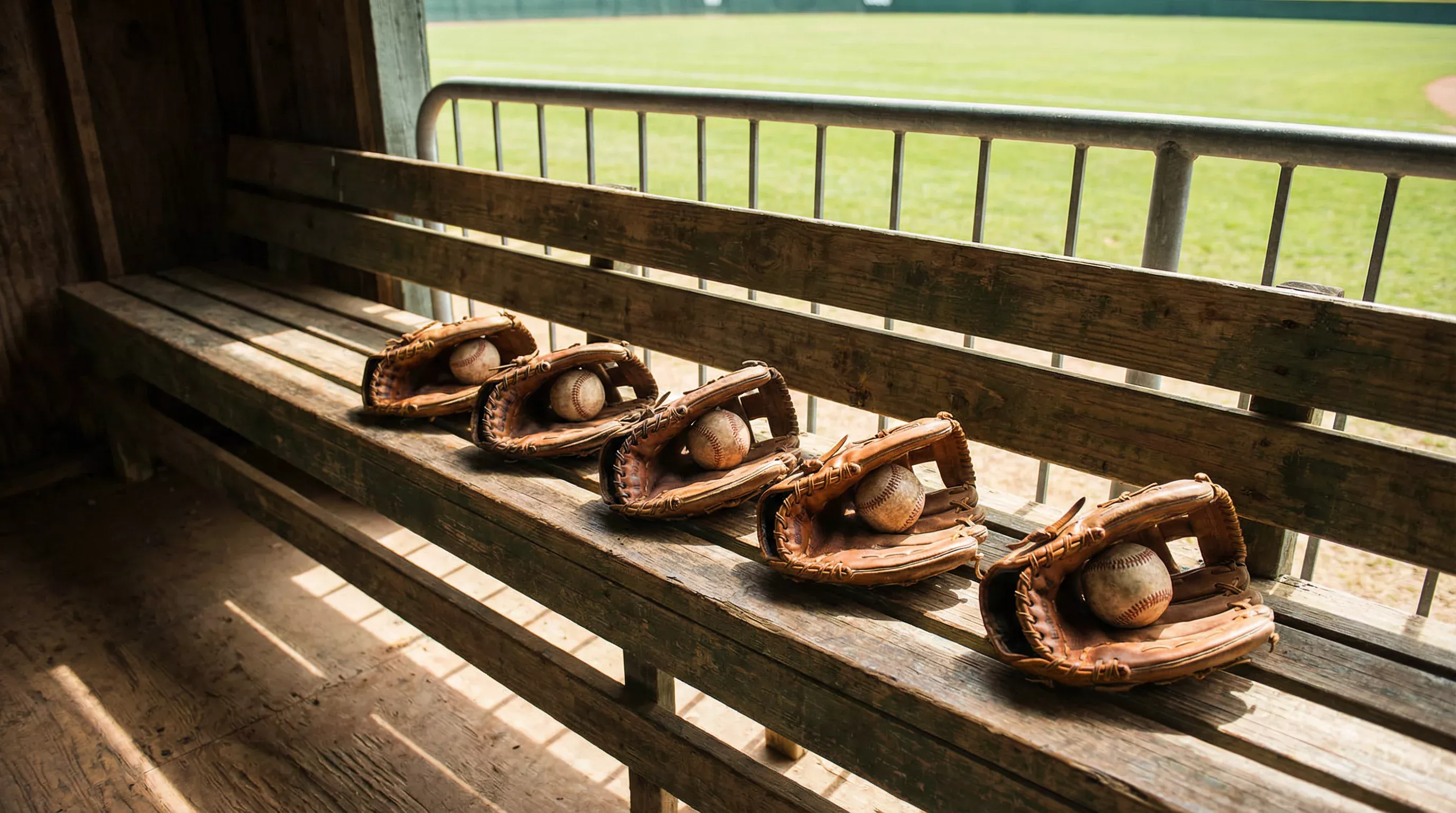 Cinq casquettes de baseball alignées dans un dugout représentant la rotation des lanceurs
