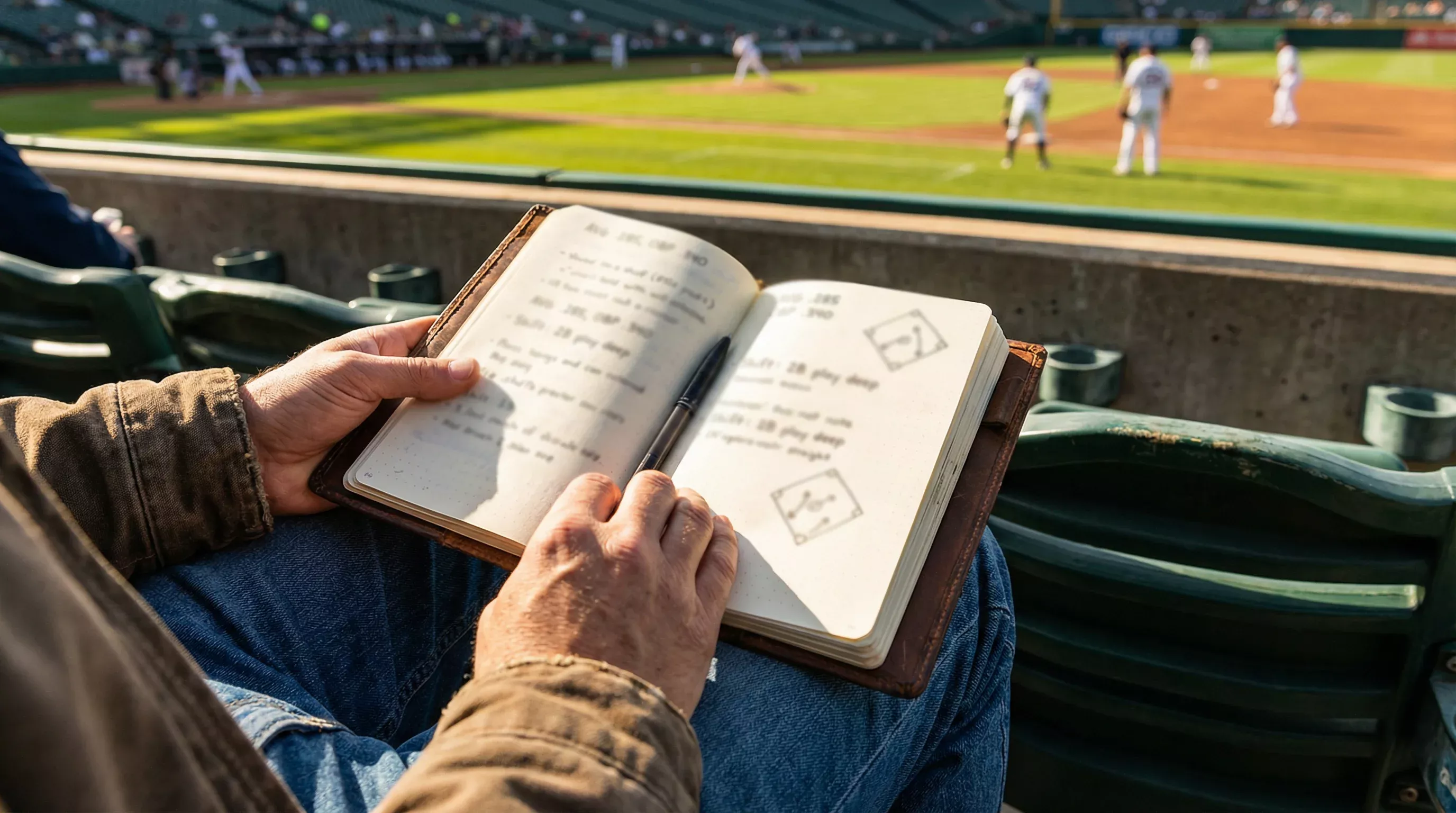 Analyste sportif étudiant des cotes de baseball sur un carnet avec un stade en arrière-plan